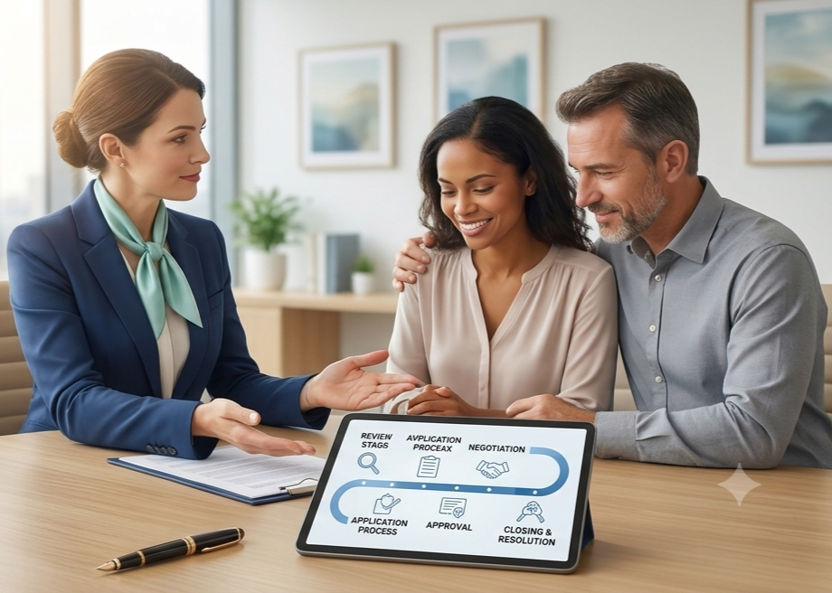 Advisor reviewing the short sale buying process with a couple on a tablet