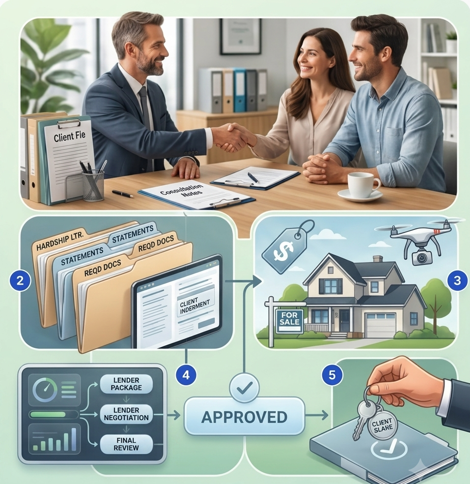 Collage illustrating the short sale buying process, from consultation and document collection to closing and receiving the keys