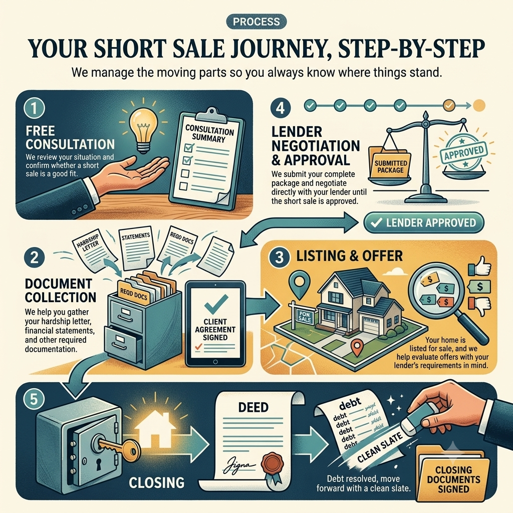 Infographic showing the five steps of the seller short sale process: consultation, document collection, listing and offer, lender negotiation and approval, and closing